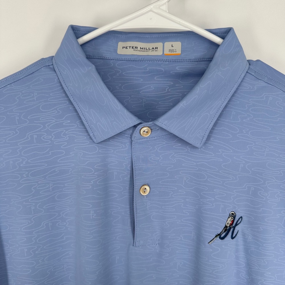 Peter Millar Featherweight UPF 50+ Golf Polo Mens Large Blue Bird Logo Pattern